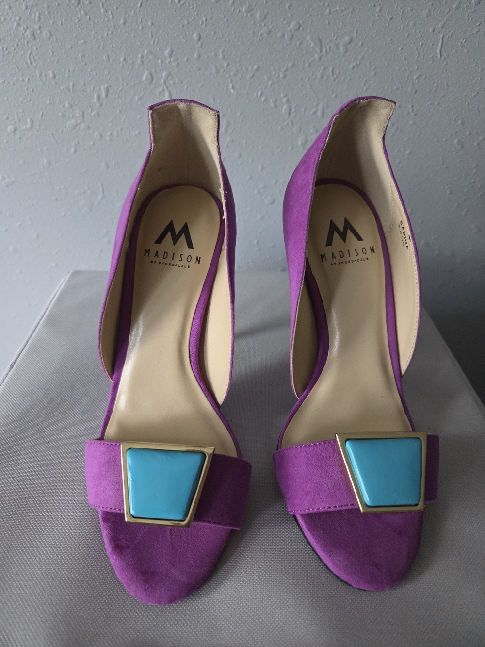 Shoe Dazzle Purple Suede Open-Toe Heels with Turquoise Accent